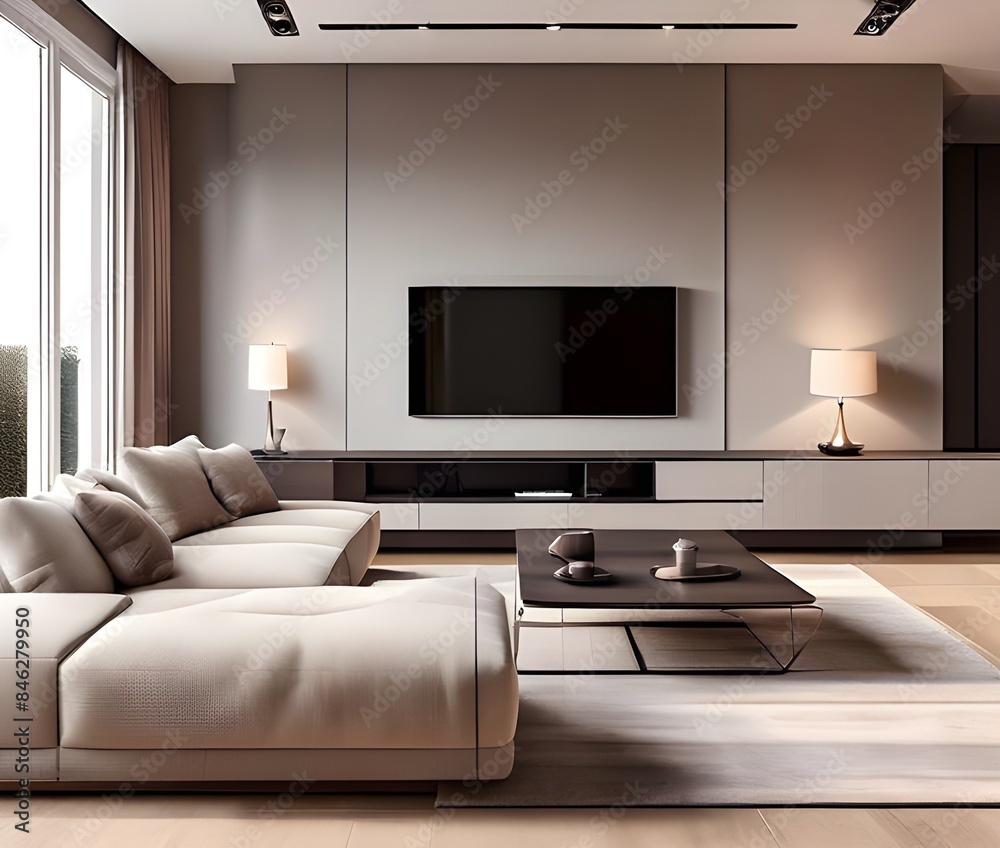 A modern living room featuring a comfortable beige couch A modern living room featuring a comfortable beige couch