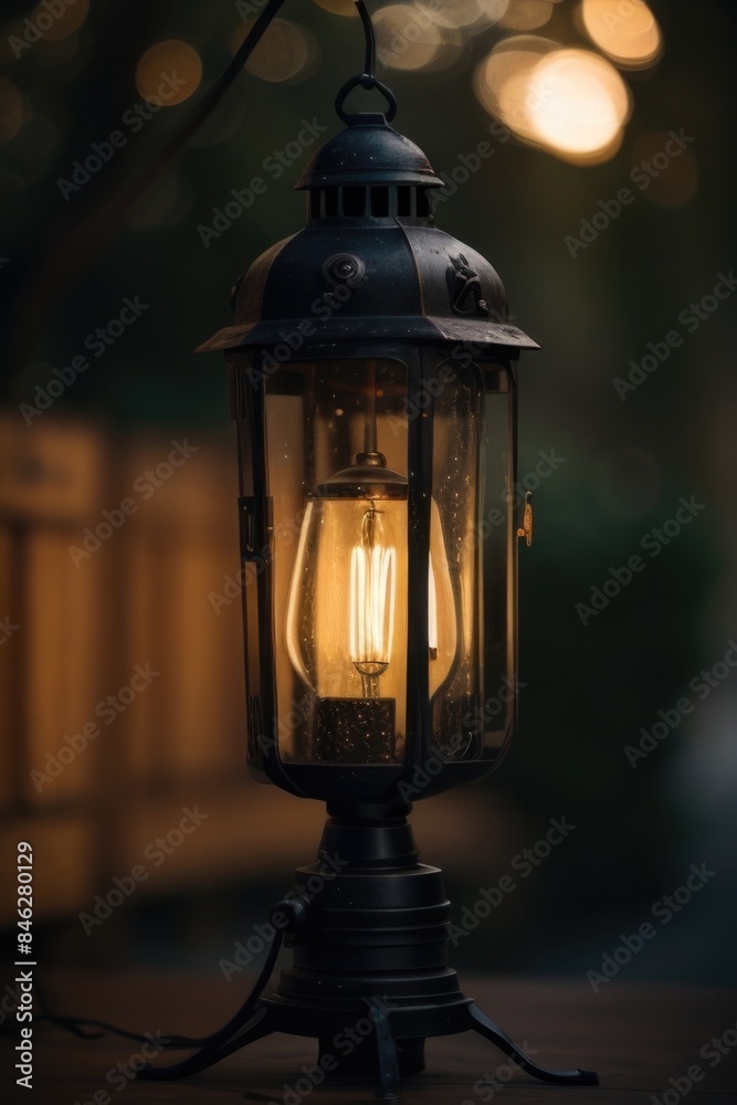 an old-fashioned light bulb is lit up in an outdoor an old-fashioned light bulb is lit up in an outdoor