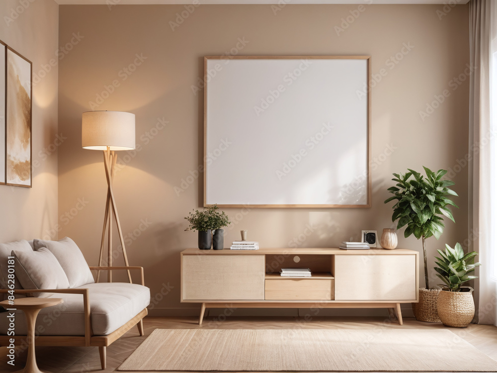 Frame mockup in interior background, beige room with modern furniture Frame mockup in interior background, beige room with modern furniture