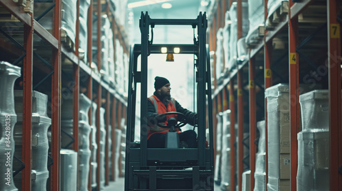 Warehouse worker driving a forklift in a warehouse There is a blurry part in the picture.