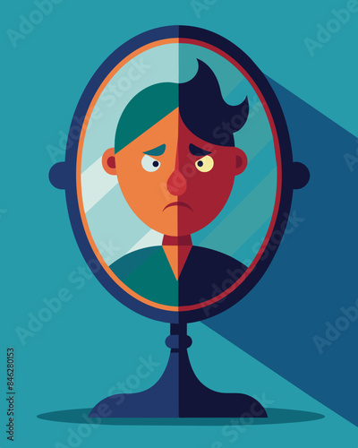 The mirror shows a version of myself overcome by greed and selfishness instead of my usual empathy and kindness.. Vector illustration