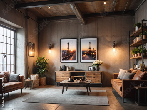 Frame mockup in living room loft, industrial style