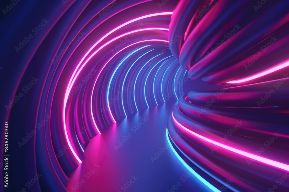 A long, curving tunnel with neon lights