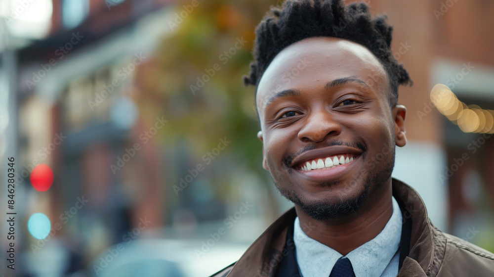 A smiling African American man looks confidently ahead. A smiling African American man looks confidently ahead.