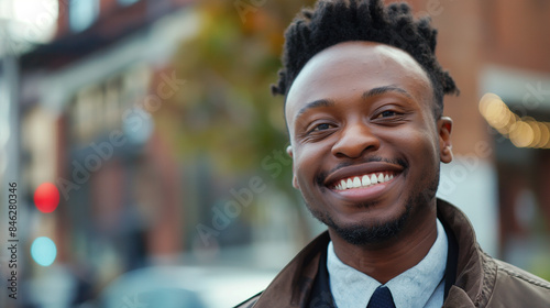 A smiling African American man looks confidently ahead.