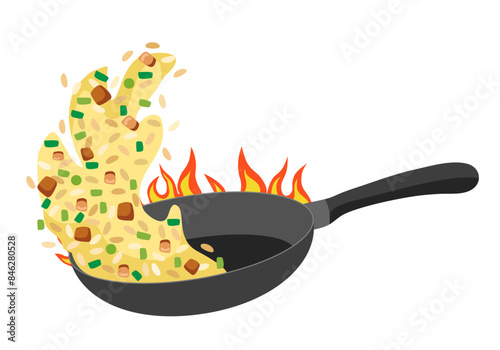 Fried rice in frying pan on white background.