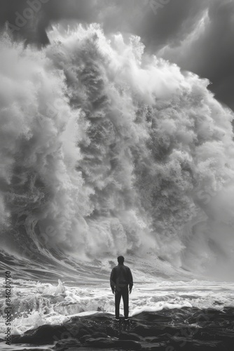 A man stands on a rocky shoreline, looking out at a huge wave