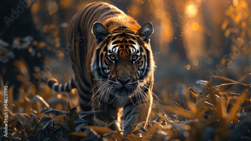 A tiger is walking through a forest with leaves on the ground. Majestic bengal tiger prowling in golden forest light