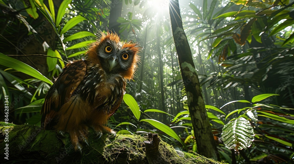 A brown owl is sitting on a mossy log in a lush green forest A brown owl is sitting on a mossy log in a lush green forest