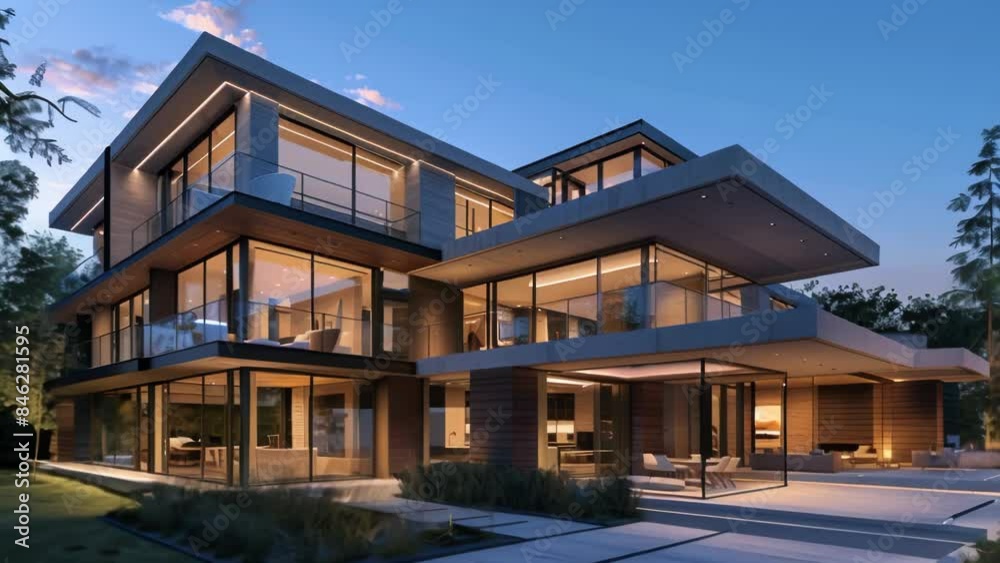 Modern three-story mansion featuring extensive glass walls and open terraces, illuminated beautifully at dusk. The structure boasts sleek, clean lines and spacious outdoor seating areas. Modern three-story mansion featuring extensive glass walls and open terraces, illuminated beautifully at dusk. The structure boasts sleek, clean lines and spacious outdoor seating areas.
