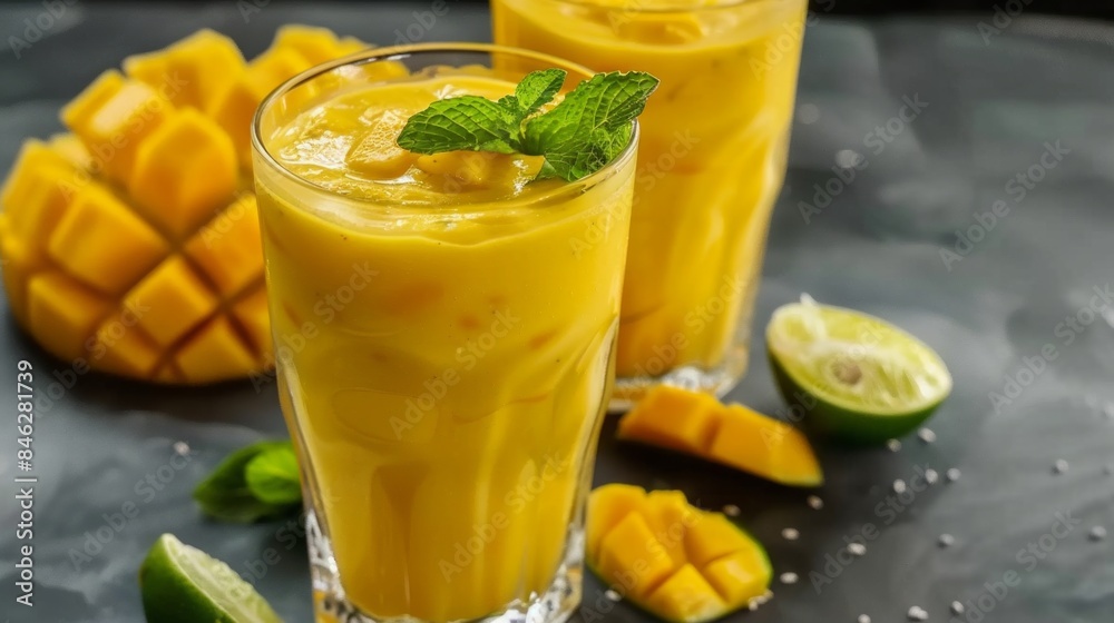 Delicious mango smoothie in glass jar on grey background with copy space. Refreshing summer drink Delicious mango smoothie in glass jar on grey background with copy space. Refreshing summer drink