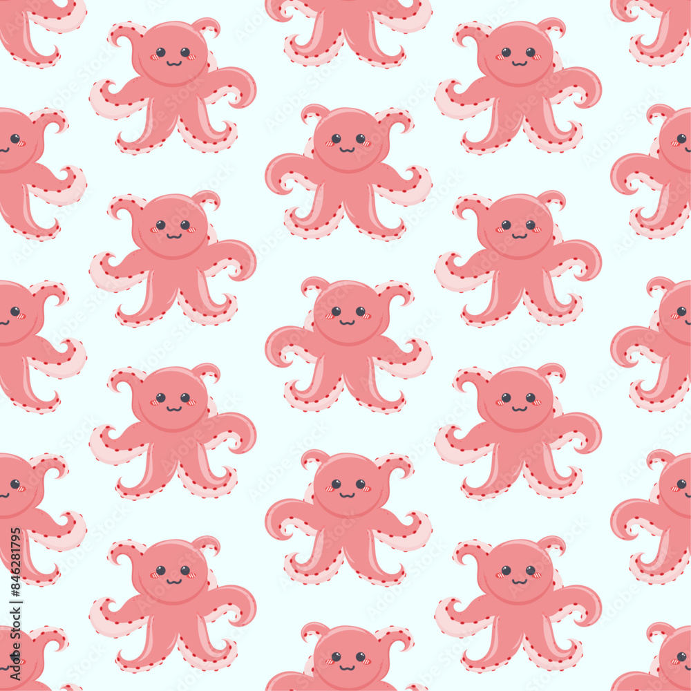 Obraz premium seamless pattern pink cute cartoon octopus character with tentacles in kawaii style hand drawn vector illustration