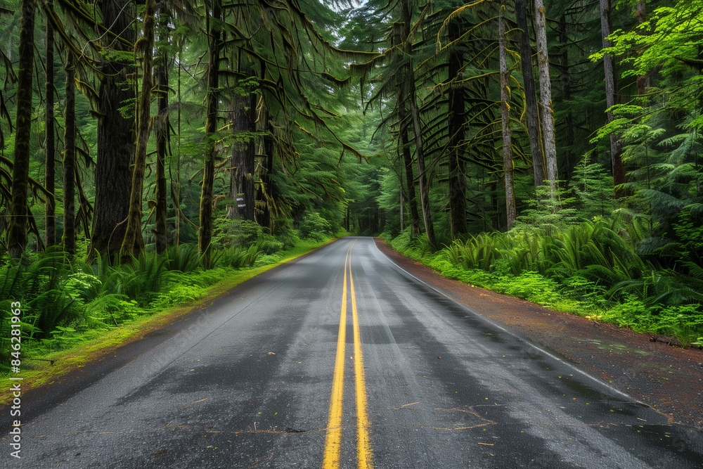 Scenic view of a road crossing the Hoh National Forest in Olympic National Park, Washington, United States. Beautiful natural landscape. Scenic view of a road crossing the Hoh National Forest in Olympic National Park, Washington, United States. Beautiful natural landscape.