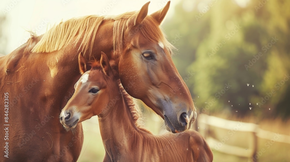 Fototapeta premium A chestnut horse leans in to nuzzle a young foal showcasing the family bonds and relationships that exist a these creatures.