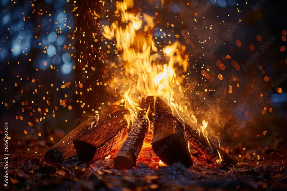 A low-angle view of a bonfire on an autumn night, emphasizing the warmth and coziness of a gathering A low-angle view of a bonfire on an autumn night, emphasizing the warmth and coziness of a gathering