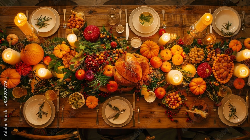 Festive Thanksgiving table with assorted food Festive Thanksgiving table with assorted food