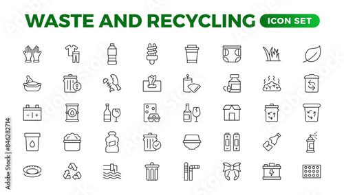 Set of Waste and Recycling line icons. Garbage, Trash, separation, and waste recycling Linear icon collection.