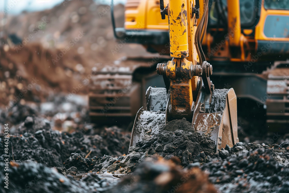 Fototapeta premium Selective focus on metal bucket teeth of backhoe digging soil at construction site. Crawler excavator in action, earth-moving machine.