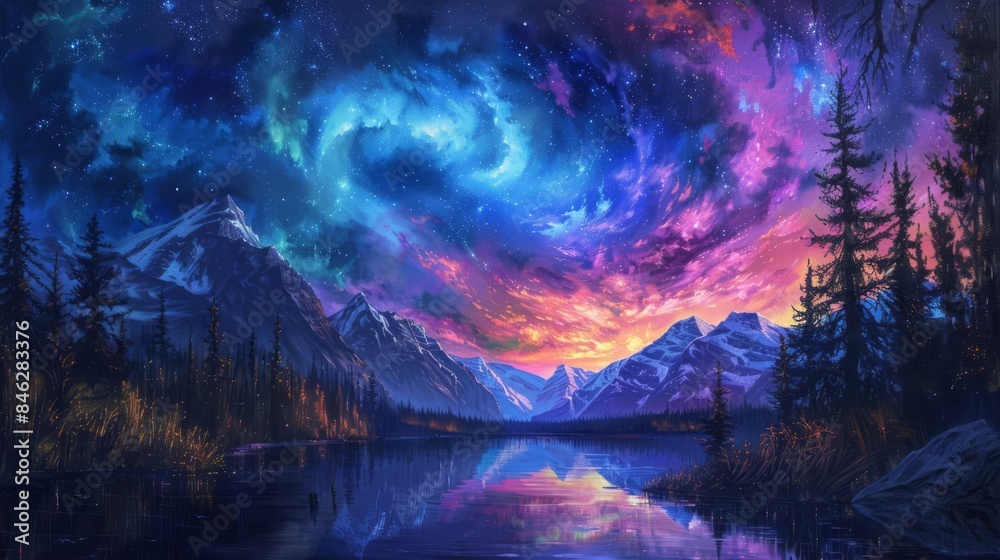 Fototapeta premium A serene moment of a rear view of Northern Lights dancing gracefully in the night sky in the Canadian wilderness, portraying the mesmerizing aurora borealis glowing in vivid colors