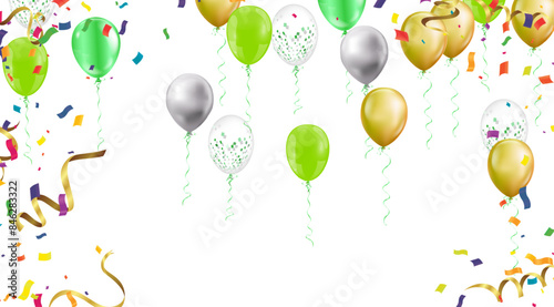 Bright and festive image featuring various colorful balloons and scattered confetti, depicting a celebration or party atmosphere