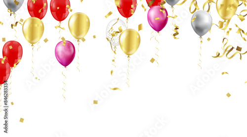 Bright and festive image featuring various colorful balloons and scattered confetti, depicting a celebration or party atmosphere