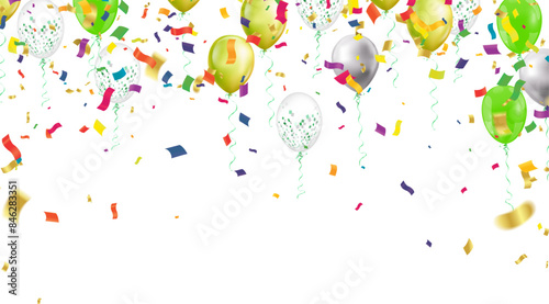 Bright and festive image featuring various colorful balloons and scattered confetti, depicting a celebration or party atmosphere