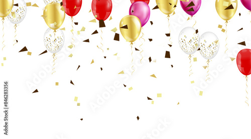 Bright and festive image featuring various colorful balloons and scattered confetti, depicting a celebration or party atmosphere
