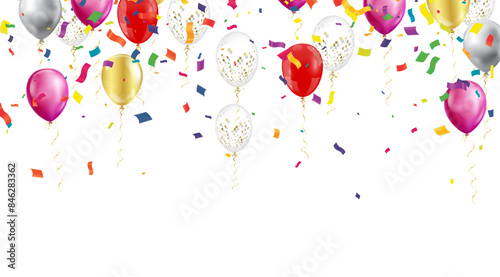 Bright and festive image featuring various colorful balloons and scattered confetti, depicting a celebration or party atmosphere