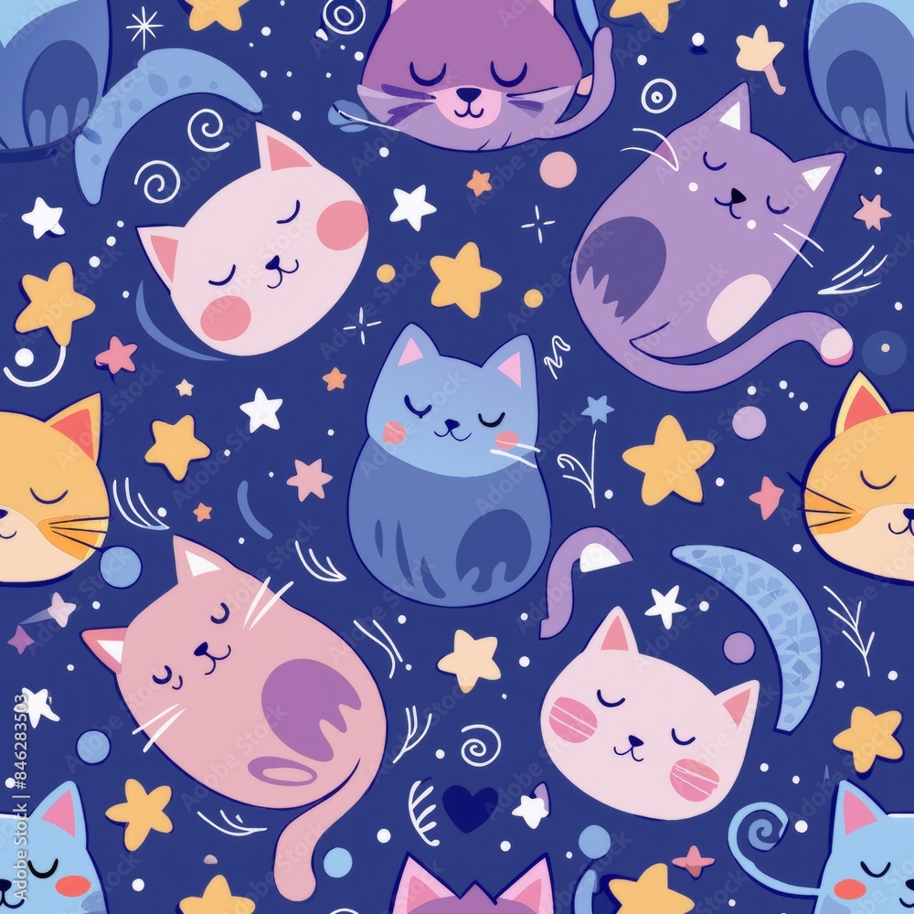 Fototapeta premium Seamless pattern of cats with little stars and moon elements around them, creating a dreamy night-time theme with sleeping and awake cats, Generative AI