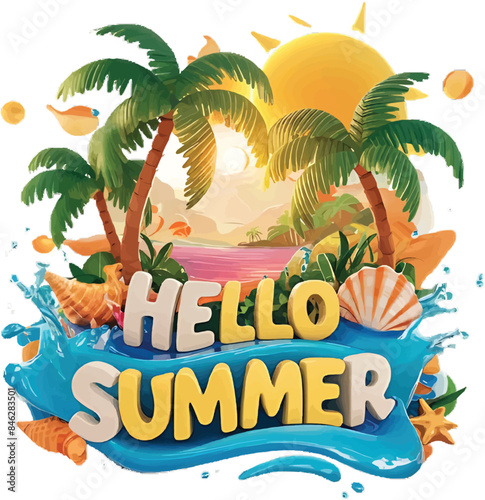 Hello Summer Typography Fashion Vector T-shirt Design for men and women with palm tree sun water and seashell. photo