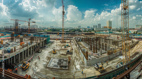 Panorama view of workers on large construction sites with many cranes at work, illustrating the industry of new building business.
