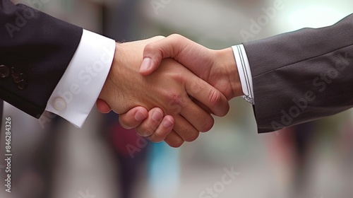 Two business professionals shake hands in agreement after a successful negotiation, symbolizing partnership