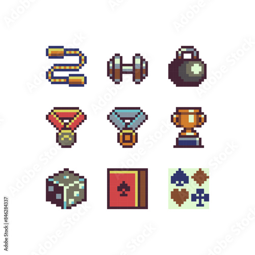 Sport pixel art style icons set, emoji. 8-bit sprite. Design for logo game, sticker, web, mobile app, badges and patches. Isolated vector illustration. Game assets.