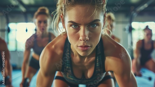 A close-up shot of a determined female fitness trainer leading a high-intensity interval training session with her class in a modern gym