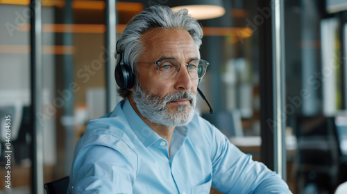 Focused older man with gray hair and glasses wearing headphones, working on a laptop in a modern office, exuding concentration and professionalism