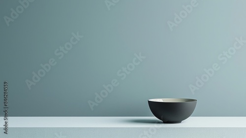 A single, black bowl sits on a white surface against a muted blue backdrop. The image features high contrast and minimal elements photo