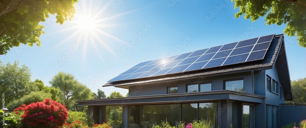 A modern house with solar panels on the roof bathed in bright sunlight ...