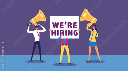 HR recruiting announcement we are hiring advertisement, human resources or employer looking for candidate for job vacancy concept, business people HR with megaphone holding we are hiring sign. Design 