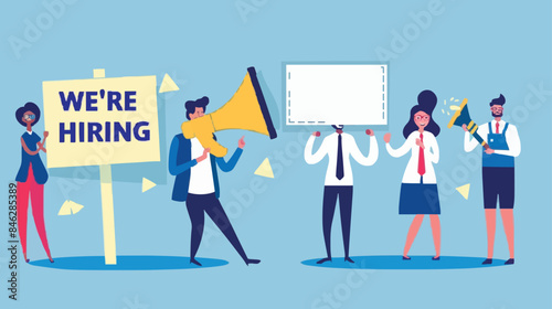 HR recruiting announcement we are hiring advertisement, human resources or employer looking for candidate for job vacancy concept, business people HR with megaphone holding we are hiring sign. Design 