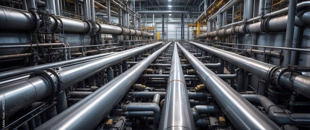Vast industrial pipes in a high tech factory setting, illustrating manufacturing and engineering concepts for heavy industry, energy, and infrastructure.