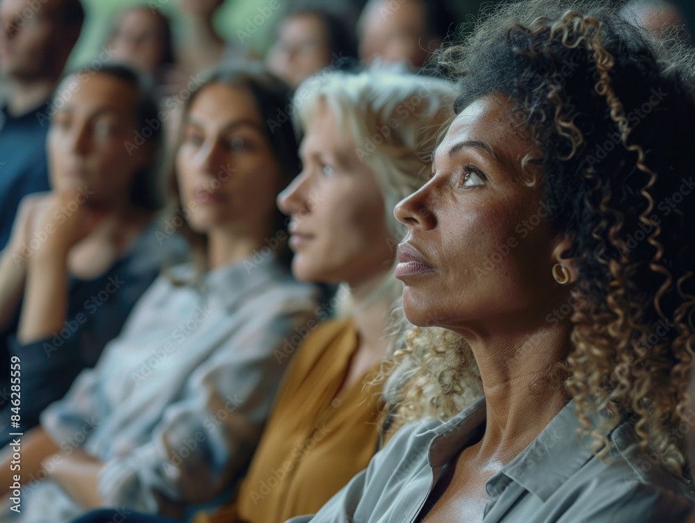 A group of people are sitting in a room and one woman has her head tilted A group of people are sitting in a room and one woman has her head tilted