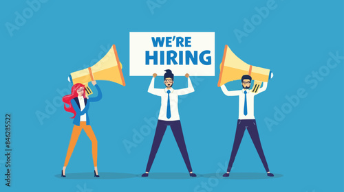 HR recruiting announcement we are hiring advertisement, human resources or employer looking for candidate for job vacancy concept, business people HR with megaphone holding we are hiring sign. Design 