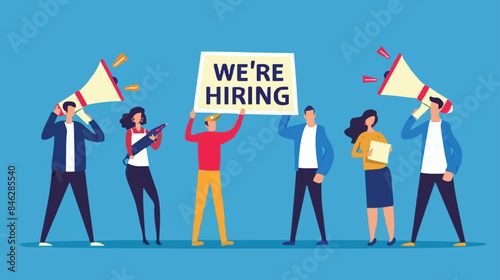HR recruiting announcement we are hiring advertisement, human resources or employer looking for candidate for job vacancy concept, business people HR with megaphone holding we are hiring sign. Design 