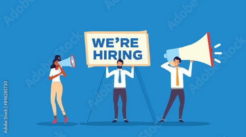HR recruiting announcement we are hiring advertisement, human resources or employer looking for candidate for job vacancy concept, business people HR with megaphone holding we are hiring sign. Design  © MDMASUD