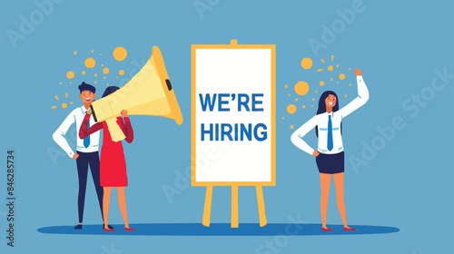 HR recruiting announcement we are hiring advertisement, human resources or employer looking for candidate for job vacancy concept, business people HR with megaphone holding we are hiring sign. Design 