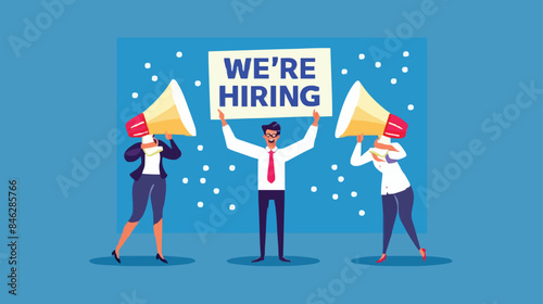 HR recruiting announcement we are hiring advertisement, human resources or employer looking for candidate for job vacancy concept, business people HR with megaphone holding we are hiring sign. Design 
