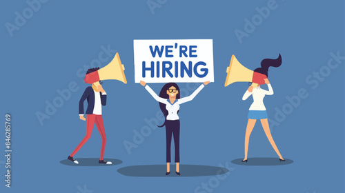 HR recruiting announcement we are hiring advertisement, human resources or employer looking for candidate for job vacancy concept, business people HR with megaphone holding we are hiring sign. Design 