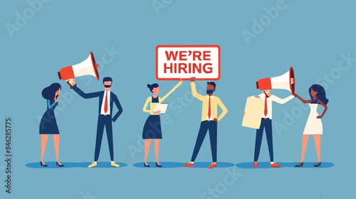 HR recruiting announcement we are hiring advertisement, human resources or employer looking for candidate for job vacancy concept, business people HR with megaphone holding we are hiring sign. Design 