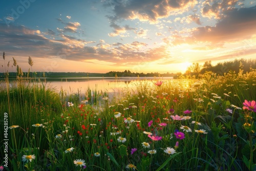 A field of flowers with a river in the background