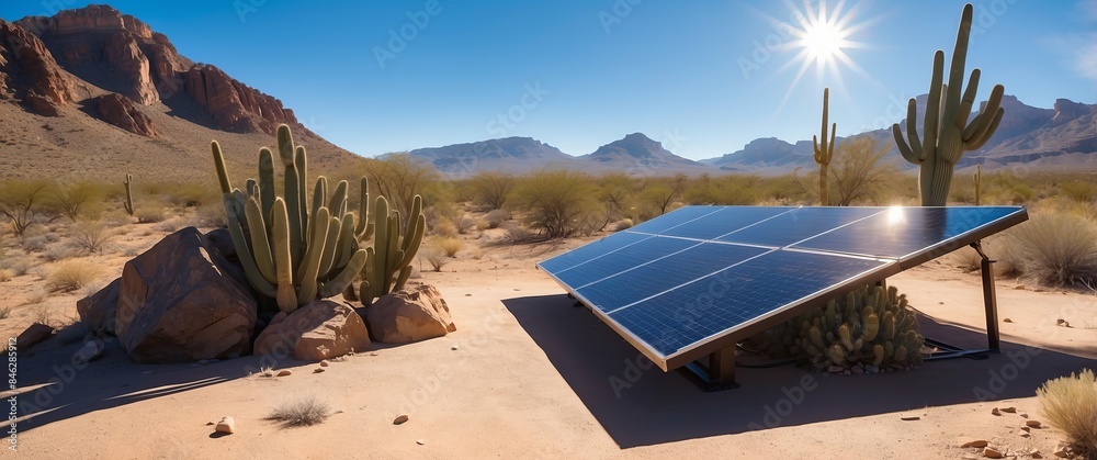 Naklejka premium Solar panels in a desert environment with cacti and mountains in the background, capturing renewable energy under a sunny sky